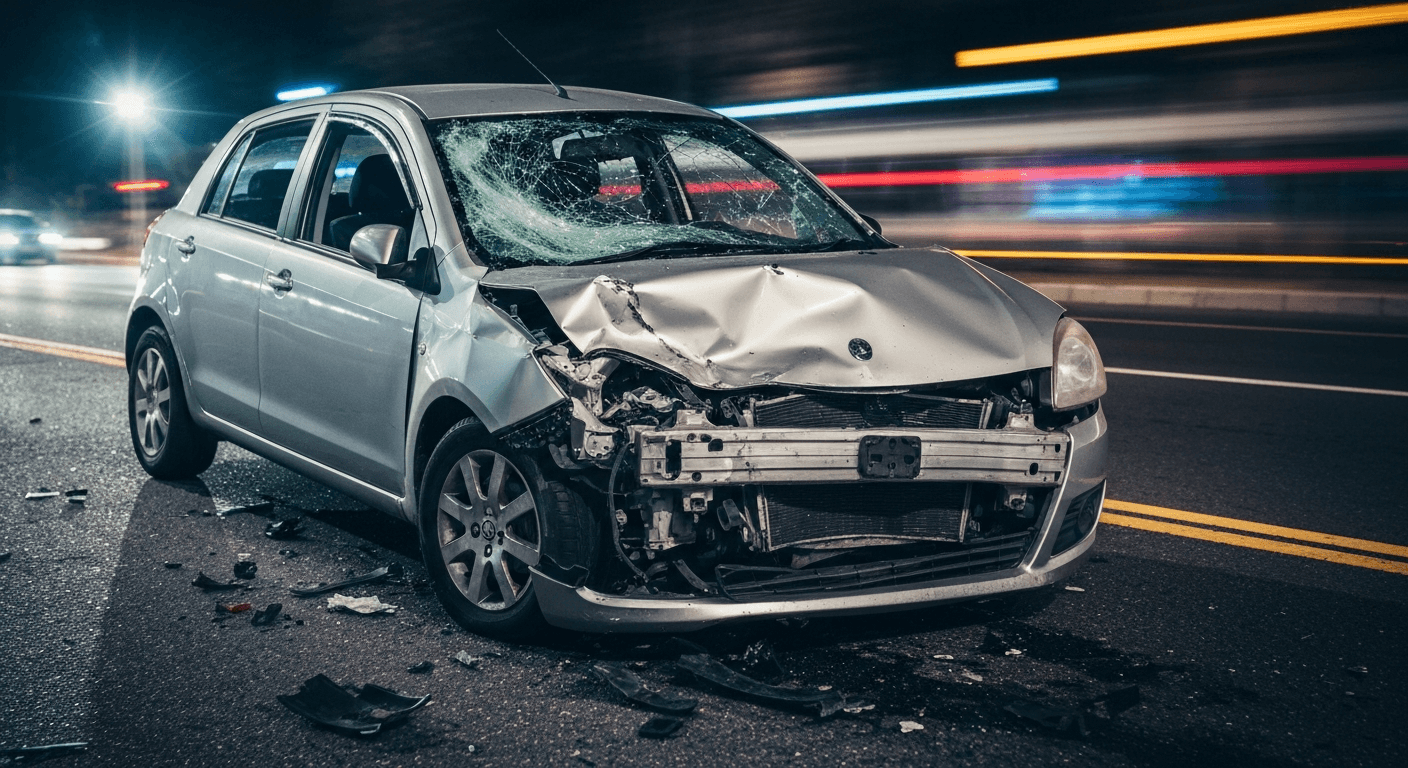 Severely damaged silver hatchback with crushed hood and shattered windshield on Atlanta road at night