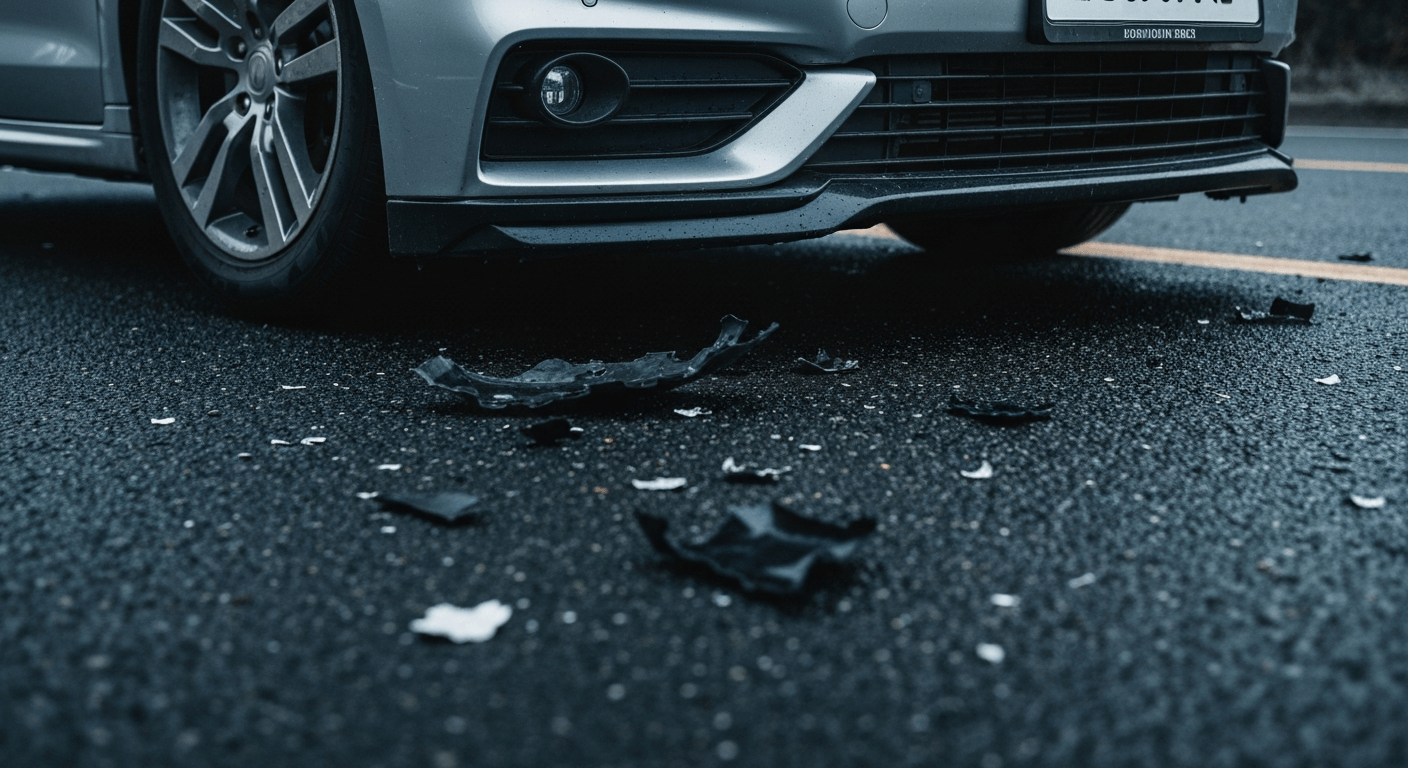 Scattered plastic debris on wet road beside damaged silver car bumper.