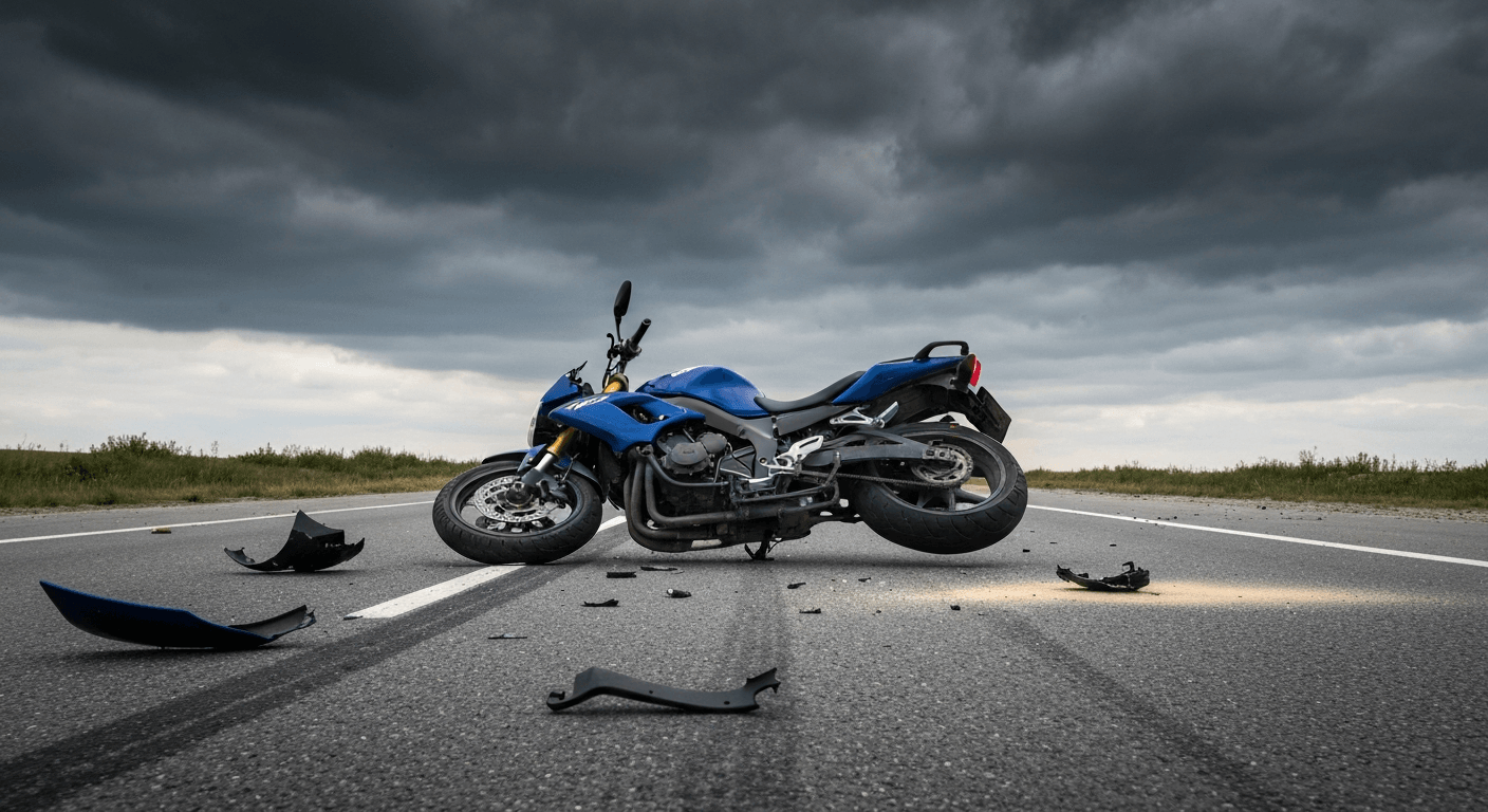 Damaged blue motorcycle on road with scattered debris under stormy skies.
