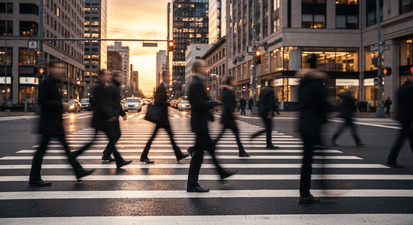 Blurred pedestrians crossing a busy Atlanta intersection at sunset