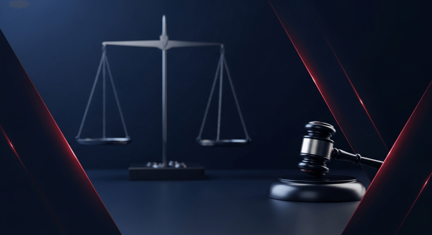 Judge's gavel and scales of justice on dark blue background
