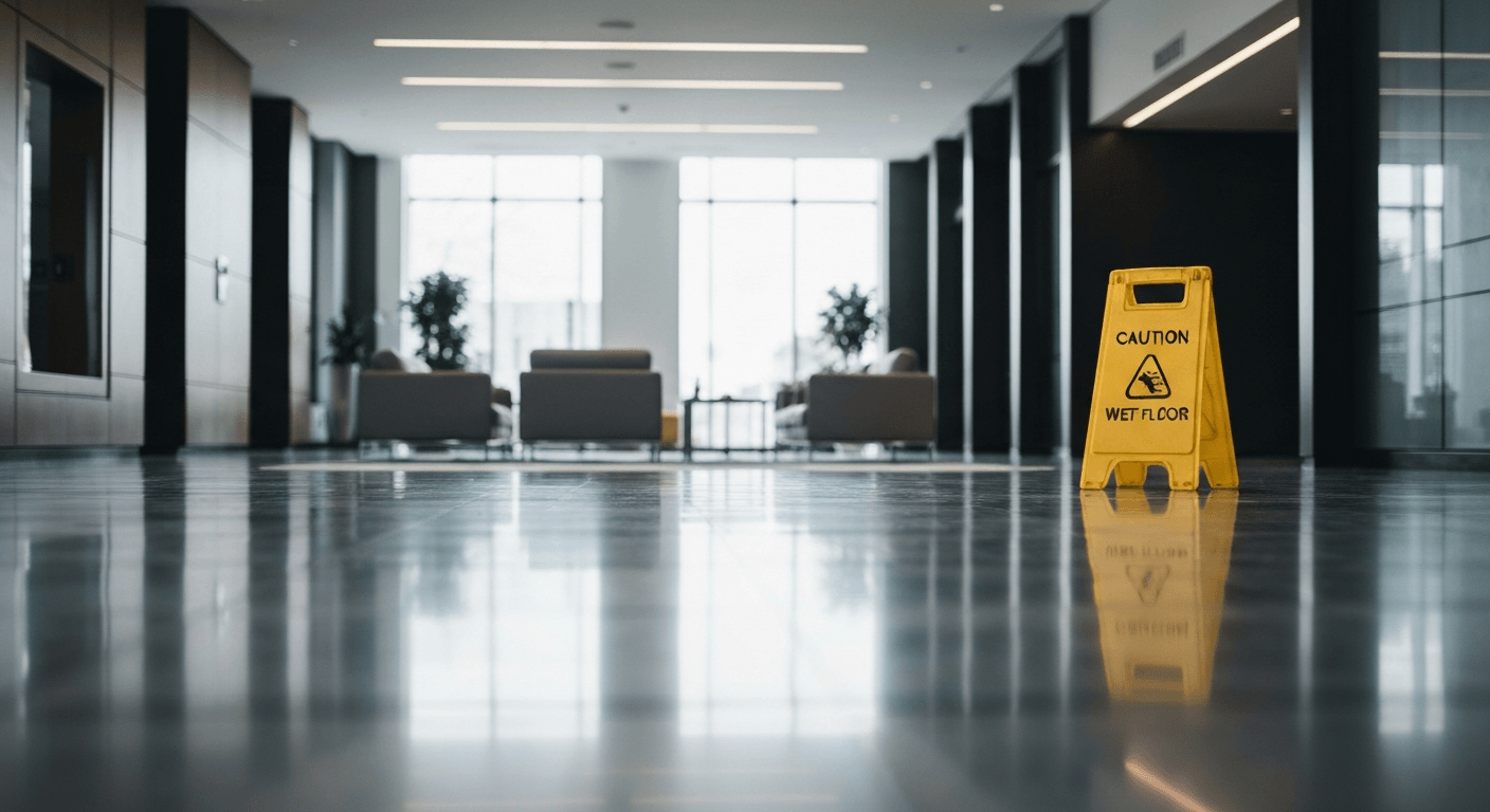 Yellow caution wet floor sign in a modern office building lobby